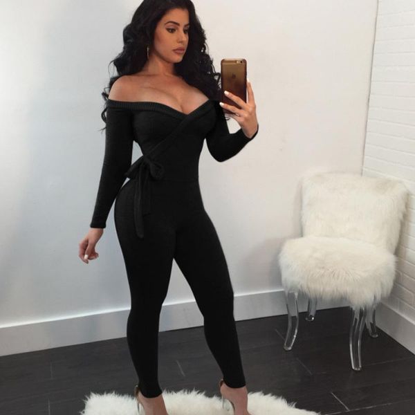 

women's jumpsuits & rompers spring autumn womens jumpsuit off shoulder bodycon one piece playsuit club skinny long sleeve bodysuit, Black;white