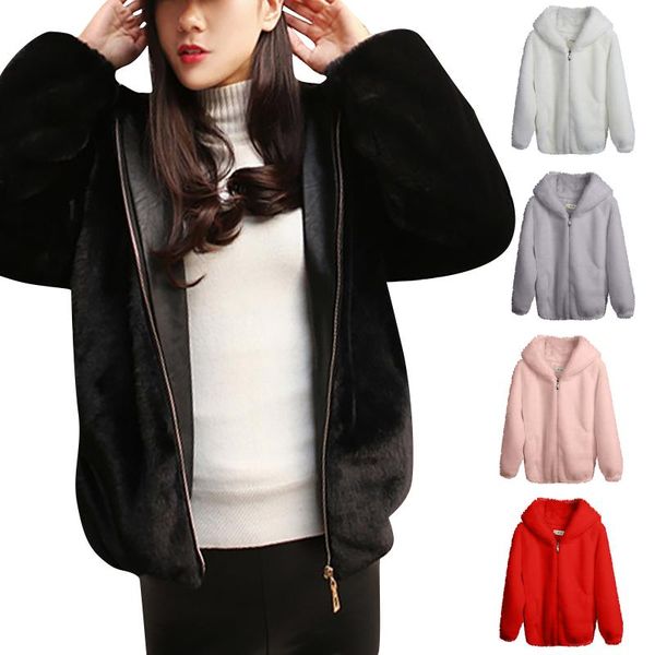 

women's down & parkas womens winter faux warm coat loose plush thickened hooded zipper long sleeve casual with pocket female jacket, Black