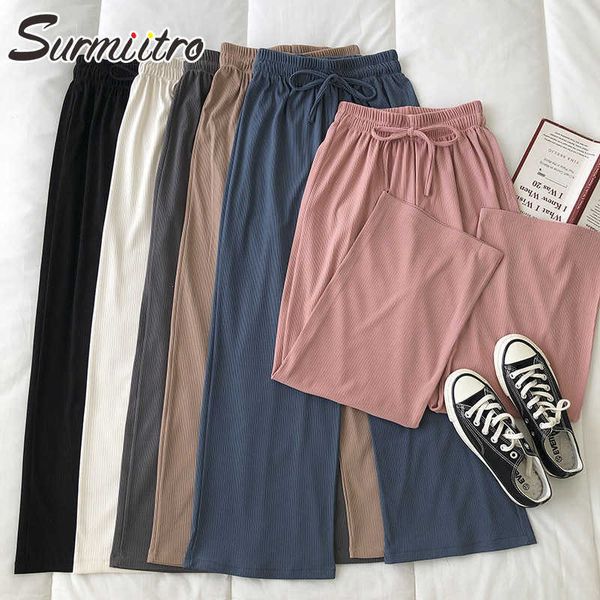

surmiitro korean style wide leg long pants women spring summer black blue female pants high waist trousers femme 210712, Black;white