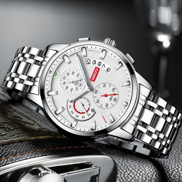 

11 style nibosi foreign trade style watch men waterproof luminous multi-function quartz watch stainless steel with student watch 44mm, Slivery;brown