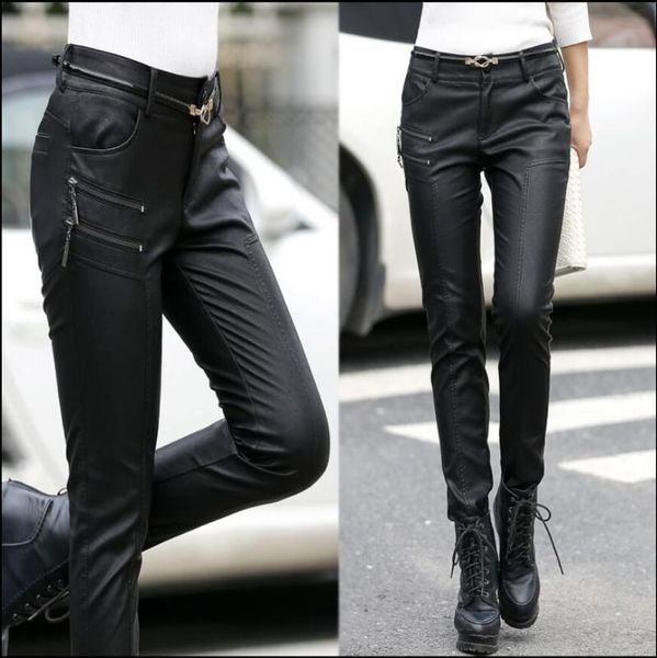 

women's pants & capris leather female casual legging trousers thin feet mid-waist outer wear straight style large size, Black;white