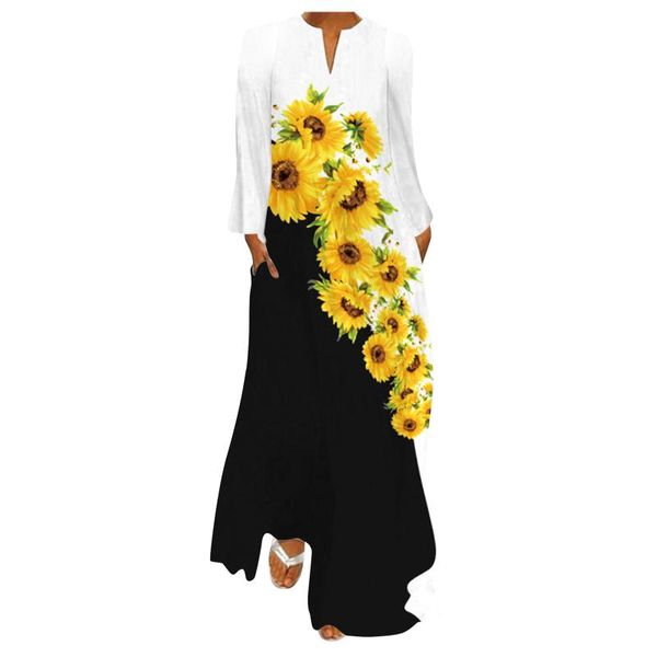 

casual dresses 57# vintage style autumn winter long dress women full sleeve elegant print v-neck maxi party cami with pockets, Black;gray