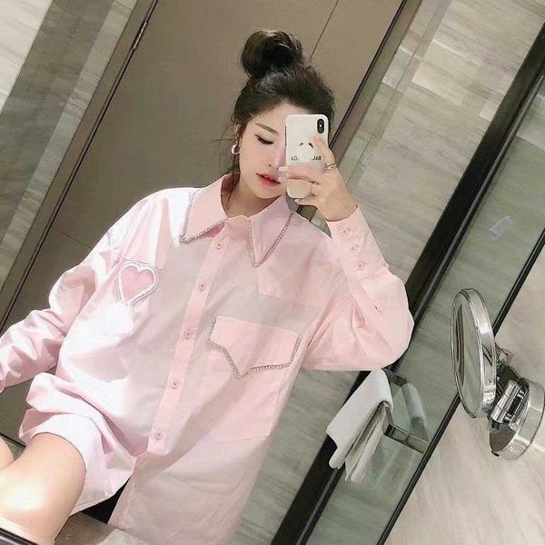 

2021 spring and summer new women's korean casual loose diamond inlaid love embroidery peach heart a shirt trend, White