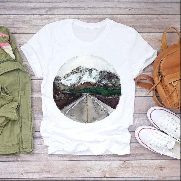 

women mountain painting 90s short sleeve fashion print lady t shirts womens graphic t shirt ladies female tee t shirt, White