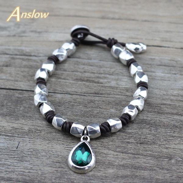 

charm bracelets anslow 2021 wholesale water drop crystal handmade diy leather wrap bracelet for women female lady low0756lb, Golden;silver