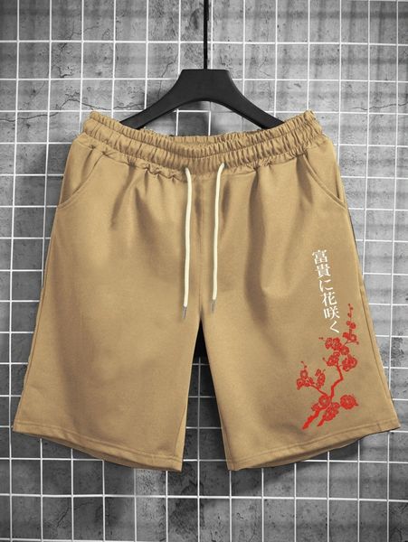 

men japanese letter & floral print drawstring waist shorts s86p#, Black