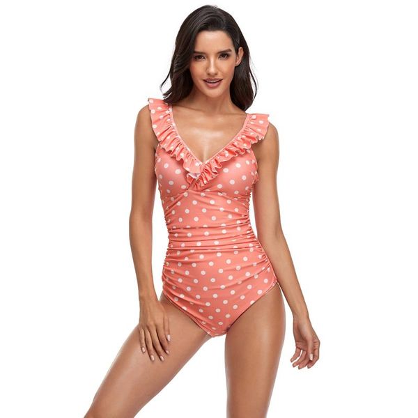 

one-piece suits women's summer v neck one piece swimsuit ruffle polka dot bathing tummy-control ruched padded fashion bikinis