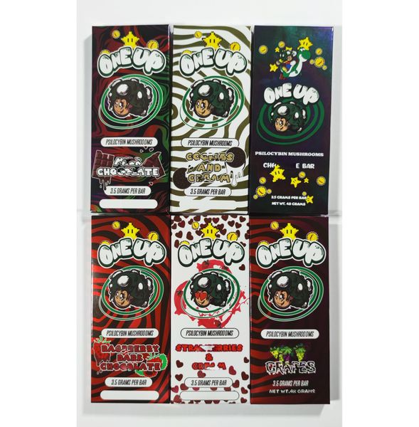 

empty 6 types one up milk chocolate bar packing boxes vegan 3.5 grams per bars oneup strawberries cream wrappers packaging pack mushroom bar
