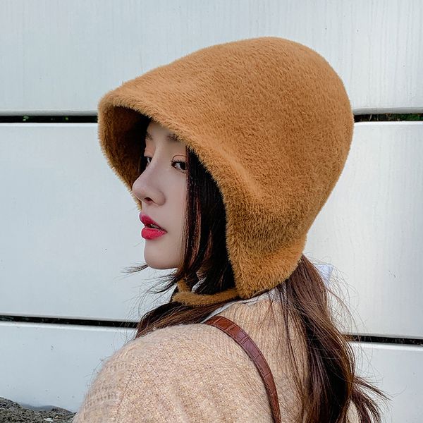 

2021 new winter women solid color mink hair bucket lace-up velvet thick warm hats fh4o, Blue;gray
