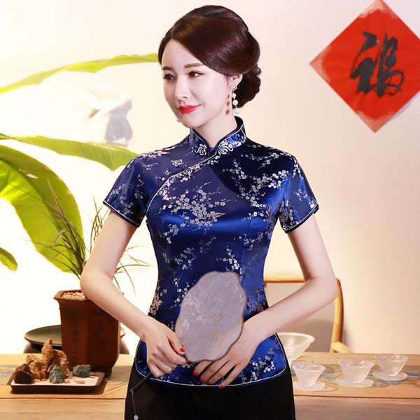 

ethnic clothing retro navy blue chinese lady satin blouse flower elegant summer shirt mandarin collar plus size traditional clothes s-4, Red
