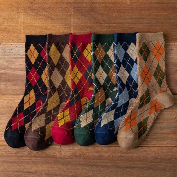 

salewomen herfst on ethnic argyle diamant plaid print crew vintage college preppy style student katoen mid-kalf buis socks gift, Black;white