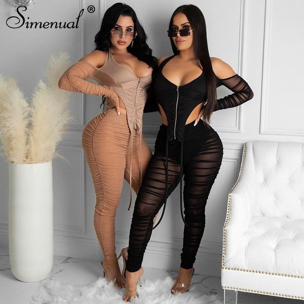 

mesh ruched two piece sets zipper long sleeve women crop and pants see through co-ord set v neck clubwear, White;black