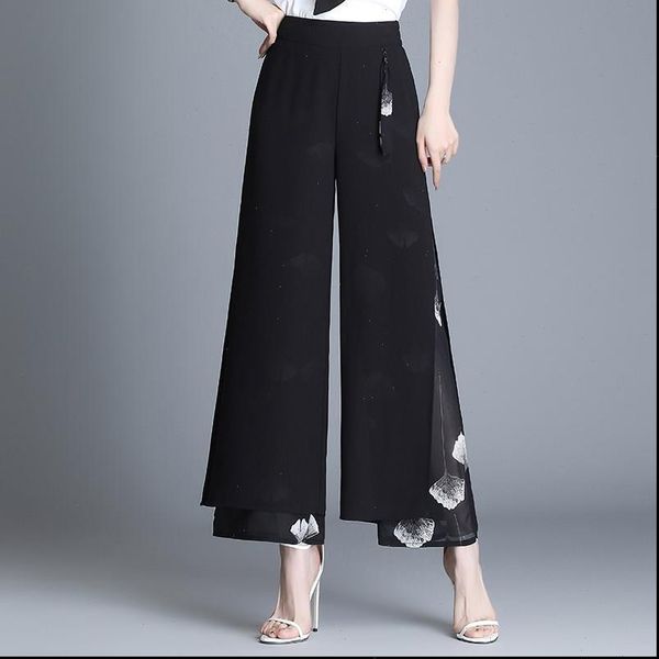 

womens summer thin wide leg pants new high waist loose double layer chiffon trousers female printed black ankle length pants, Black;white
