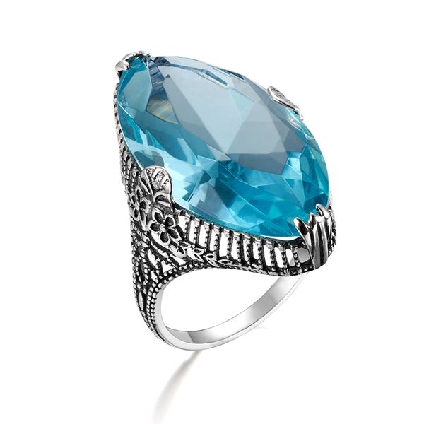 

real 925 sterling silver rings for women natural aquamarine synthetic gothic vintage ring big gemstones viking fine jewelry new, Black