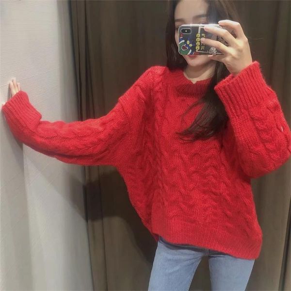 

2021 autumn and winter lazy wind big red twisted coarse knit sweater wild retro pullover women loose top, White;black