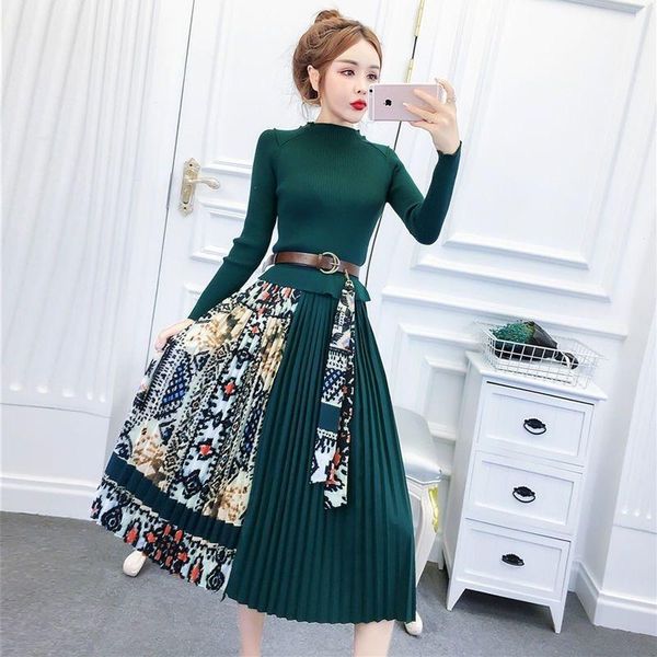 

casual dresses vintage printing pleated knitted dress women fashion designer slim fake two piece autumn long sleeve with belt, Black;gray
