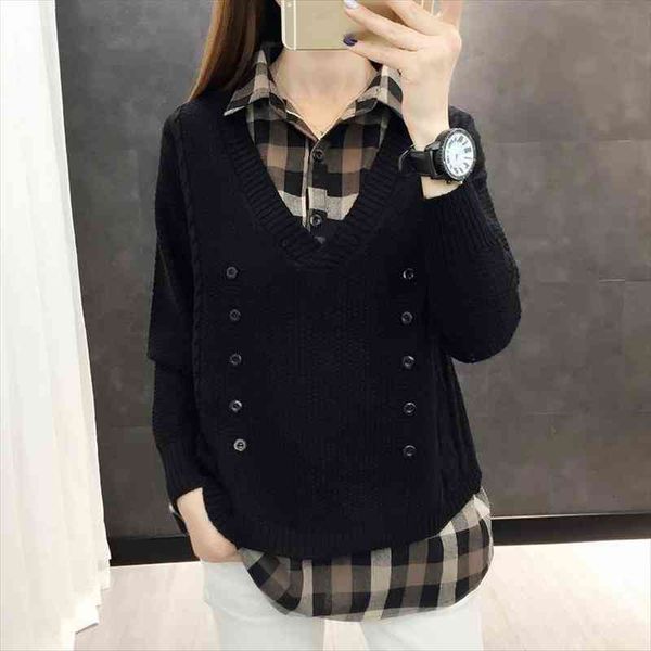 

autumn winter fake 2 pieces pullover sweater women casual turn-down collar plaid shirt patchwork long sleeve knitted jumper lady, White;black