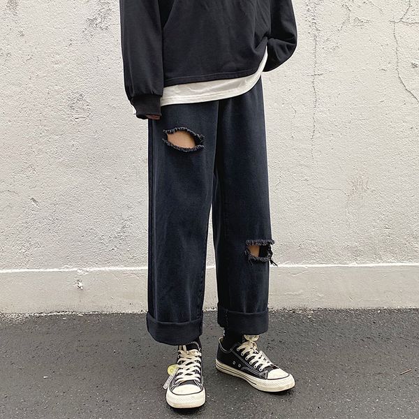

2021 new fashion men's ripped hole straight male streetwear denim trousers classic black men four seasons s-5xl sa5r, Blue