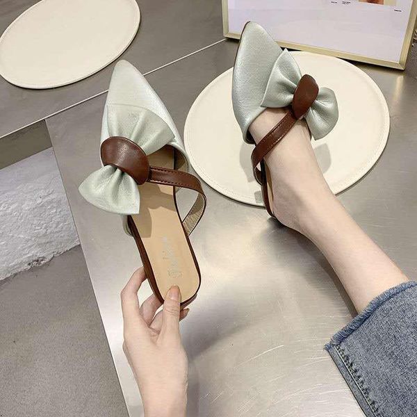 

slippers baotou half female 2021 autumn and summer korean style pointed flat sandals, outer bow lazy mules women sandals, Black