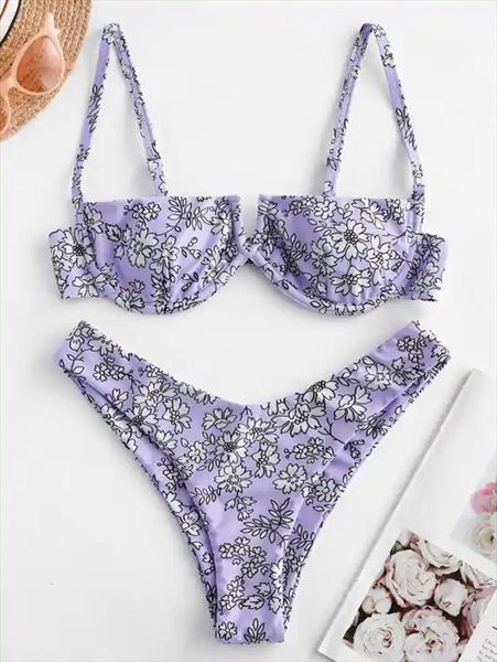 

High Cut Bikini Women Swimwear Purple Floral Print Underwire Brazilian Summer Bathers Bathing Suit Thong Micro, White;black