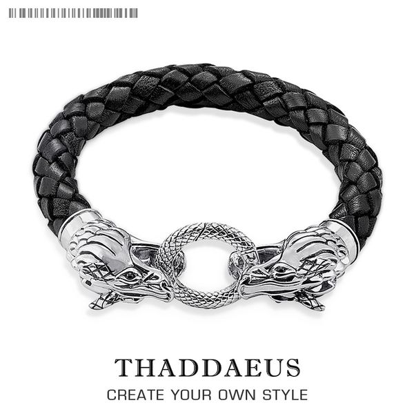 Dragão couro braceleteurope estilo rebelde moda boa jewerly para homens mulheres presentes no coração de prata esterlina