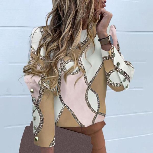 

women's metal buttoned blouse autumn spring long sleeve shirts elegant office lady printed streetwear o neck plus size, White