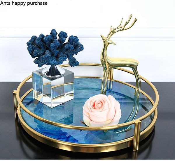

kitchen storage & organization european style blue agate stone pattern metal tray round rectangular cosmetic accessories show plate decorati
