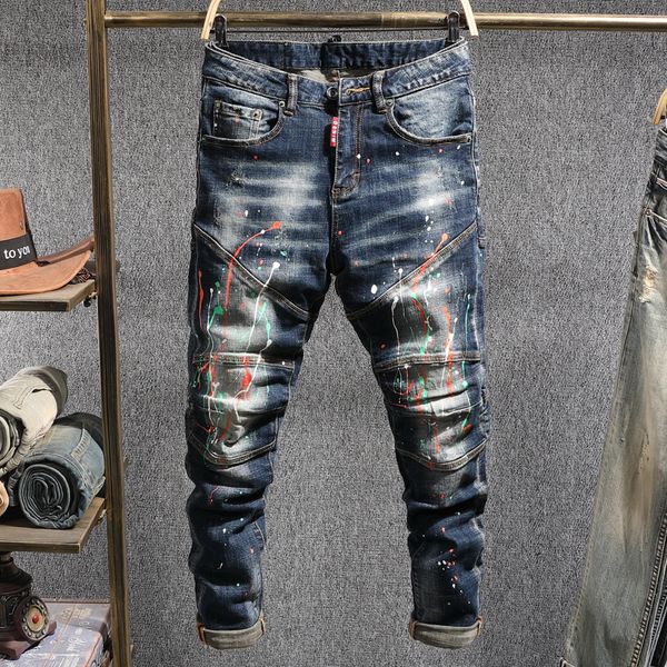 

2021 new fashion streetwear paint designer ripped men elastic spliced denim biker pants hip hop slim jeans re3b, Blue