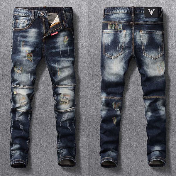 

men's jeans fashion streetwear retro black blue elastic slim fit ripped spliced embroidery designer hip hop biker pants hxje
