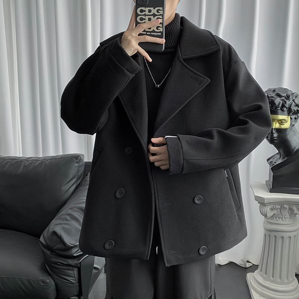 

2021 short men's fashion retro double-breasted men british style woolen coat mens overcoat m-2xl p8ve, Black