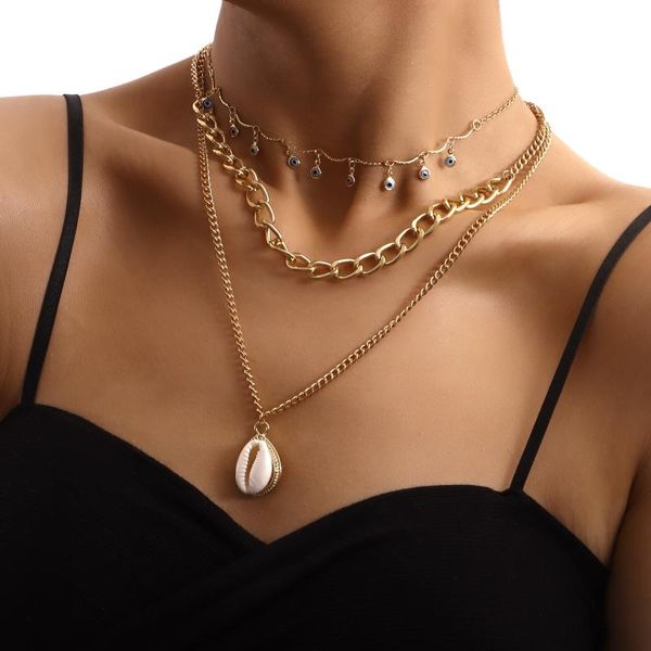 

chokers vintage multilayer cuban thick chain shell pendant necklace for women fashion turkish evil eyes choker necklaces party jewelry, Golden;silver