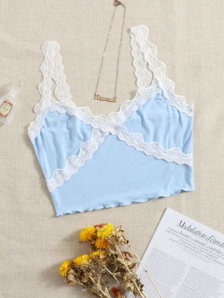 

contrast lace panel lettuce edge cami 27th#, White