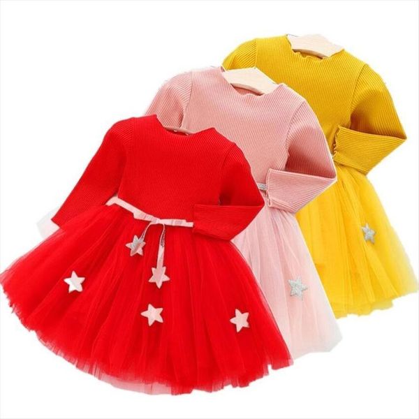 

baby girl autumn winter knit dress gauze fashion toddlers children kids long sleeve warm sweater roupa infant, Red;yellow
