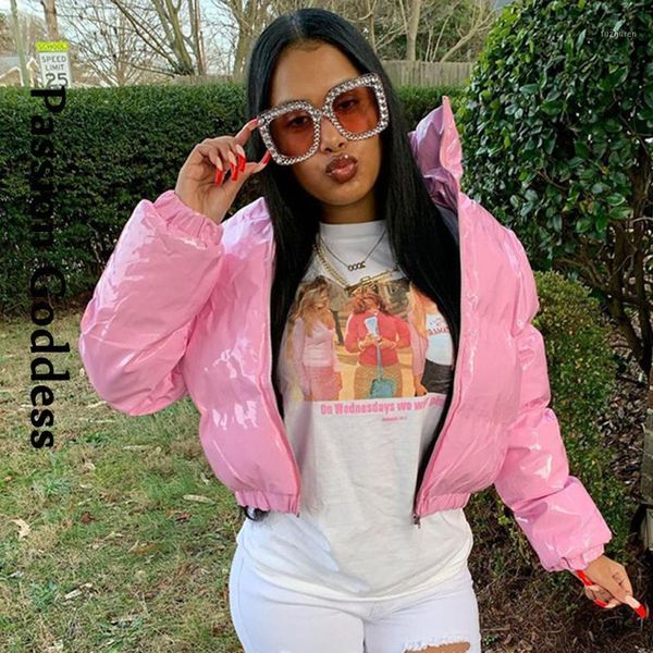 

women's down & parkas fashion cute women bright pu pink puffer jacket winter warm bubble coats shiny leather zipper cropped jackets, Black