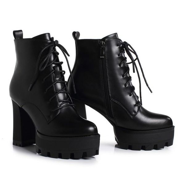 

boots 2021 autumn winter cowhide black round head water table super high heel thick lace up women's short
