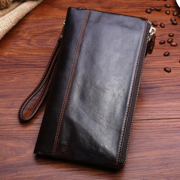 

wallets genuine leather men money wrist bag purse clutch handy card holder coin pocket cowhide male vintage double zipper long wallet1, Red;black