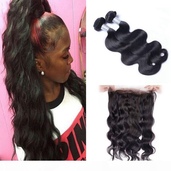 

brazilian human hair body wave 2 bundles with 360 lace frontal closure pre plucked with baby hair, Black;brown