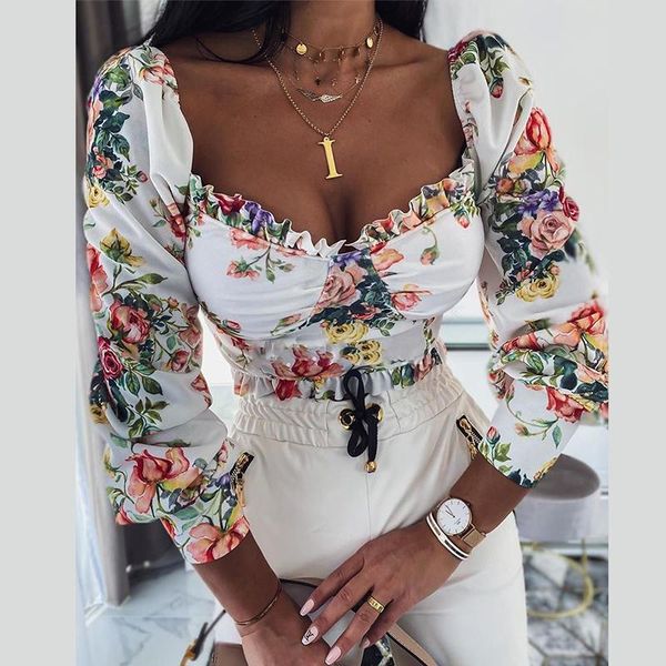 

women's blouses & shirts elegant long puff sleeve square collar blouse women lace ruffle trim floral short office lady slim fit flowers, White