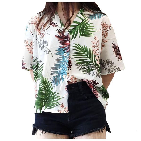 

harajuku chiffon womens casual  blouses female hawaiian fashion floral short sleeve shirts v neck ladies summer loose new, White