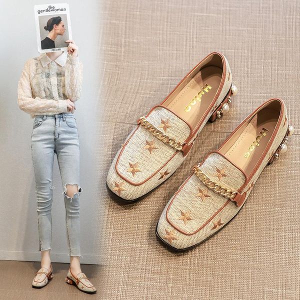 

dress shoes women's with chains pearls decoration fashion single british square head star embroidery 4.0cm middle heel loafers, Black