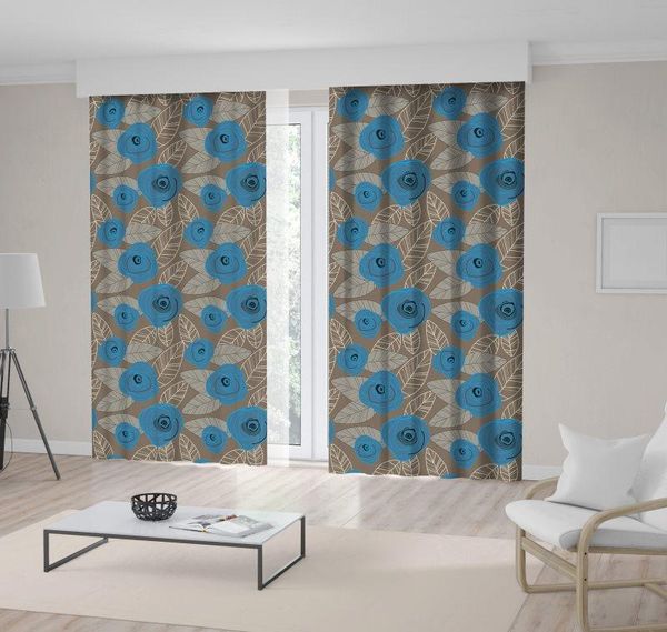 

curtain & drapes rose flower branches leaves with classic romantic floral artwork blue and brown
