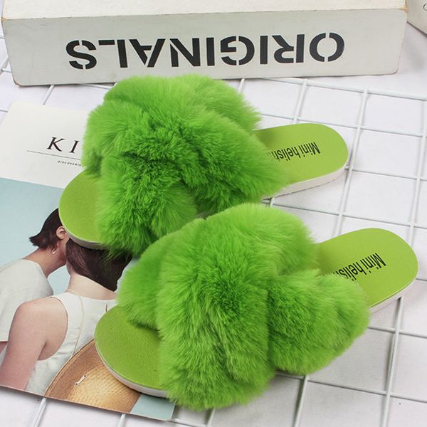 

autumn winter fluffy slippers with fur slippers women faux fox slides women flip flop flat furry indoor outdoor green slippers, Black