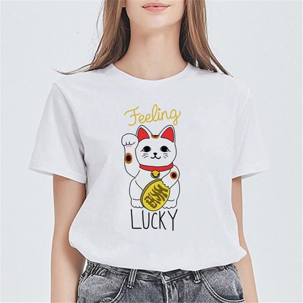 

cute kawaii japacese lucky cat printed summer women t shirts harajuku maneki neko graphic tees femme streetwear t-shirts, White