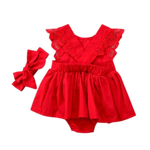 Sommer Neugeborenes Baby Mädchen Bodysuit Kleid Ärmellose Baumwolle Spitze Overall Bogen Haarband Rote Kleidung Set für Mädchen 210315