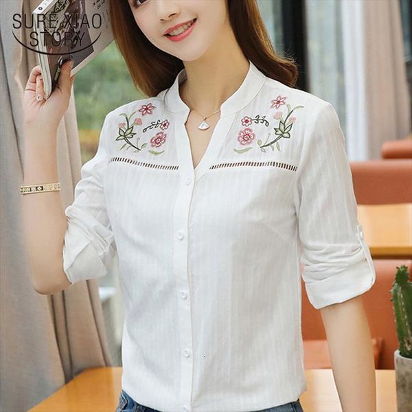 

fashion floral embroidery long sleeve womens shirts blusas white office lady shirt clothing d839 30