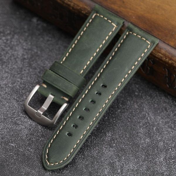 

watch bands handmade cowhide watchband 20 22 24 26mm for pam111retro matte dark green men's bracelet, Black;brown