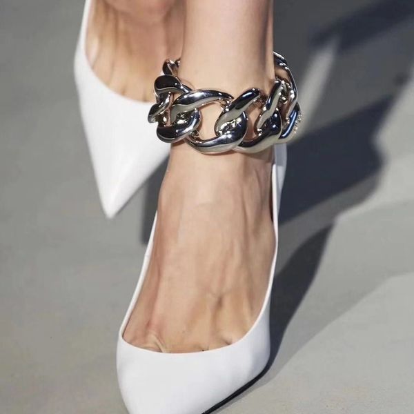 

gladiator fashion women 2021 new spring/autumn slip on metal chain ankle strap thin high heels pumps party office shoes 40 jivo, Black