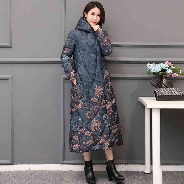 

women's wool & blends x-long winter thick down jacket for women hooded printing female coat ladies cover button long parkas with pocket, Black