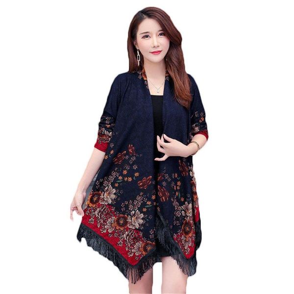 

women's blouses & shirts 2021 spring cardigan print shawl women middle-aged mother tassel hem blouse plus size blusas v813, White