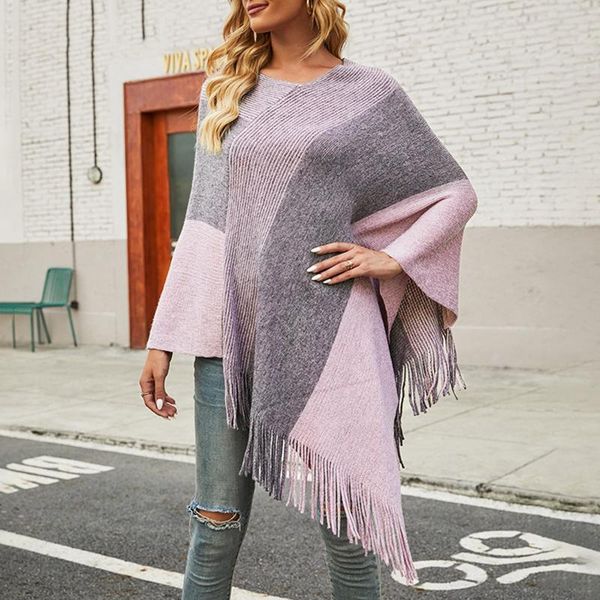

women's blouses & shirts vintage sweater poncho women elegant knitted irregular patchwork color pullover fringed sides oversize shawls, White